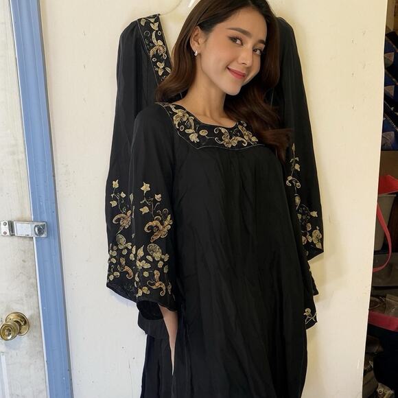 Y2K 2000s Lucky Brand Silk Dress Asian Embroidered SquareNeck FlareSleeves Small - Picture 1 of 10